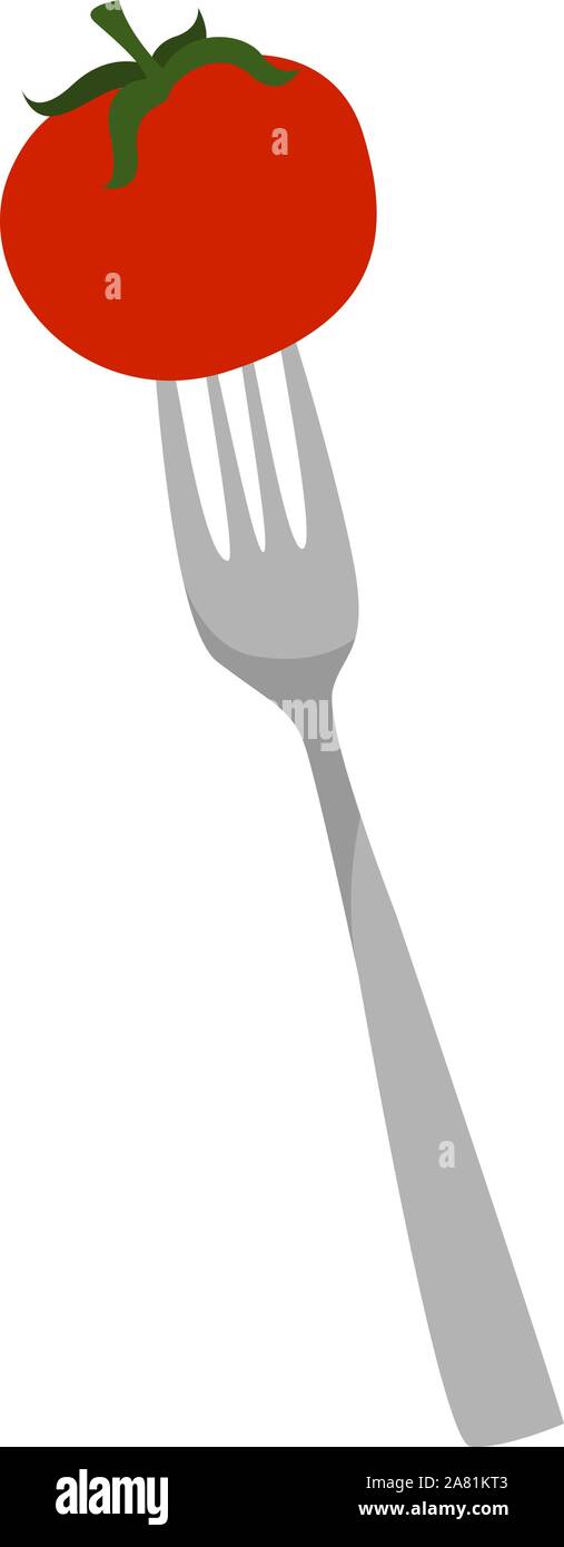 Fork with tomato, illustration, vector on white background. Stock Vector