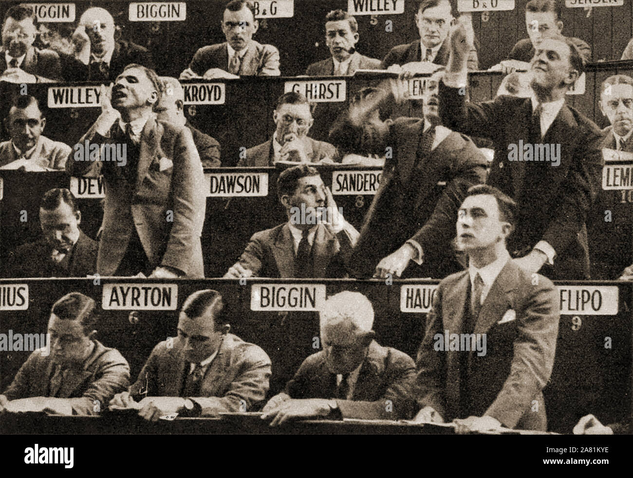 Scene at an early Australian 'Open Cry' wool auction where agents and brokers bid for lots or 'samples'. Stock Photo