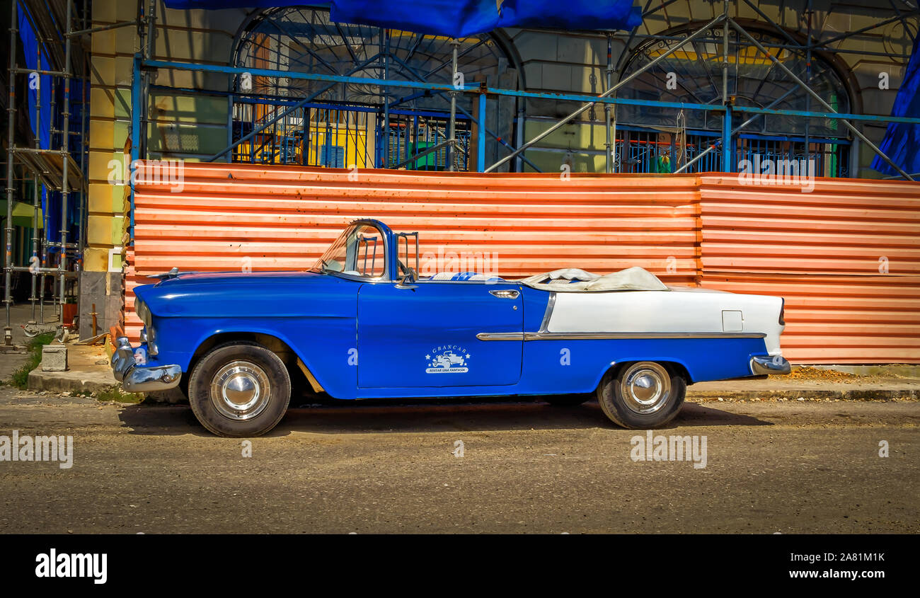 Havana, Cuba, July 2019, view of a blue 1950s Chevrolet Bel Air Convertible parked used as a rental car for tourists Stock Photo