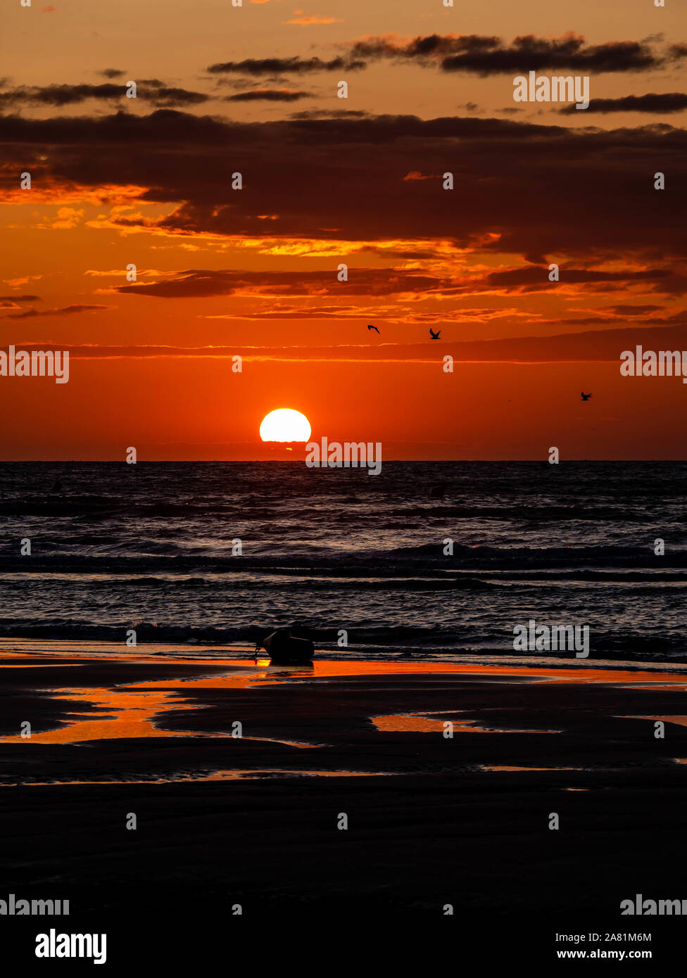 Colorful sunset at the beach with a buoy at the foreground at low tide Stock Photo