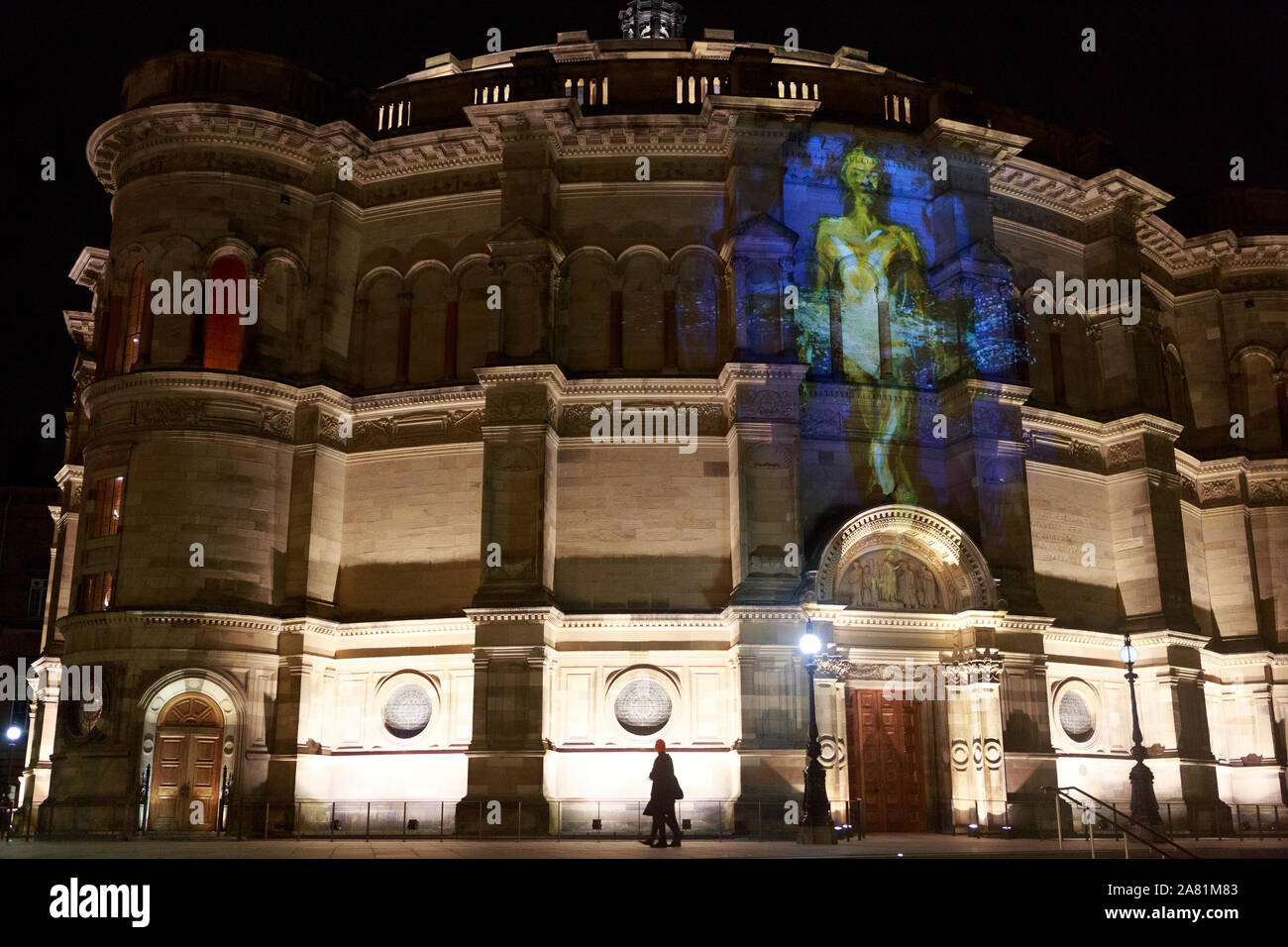 Edinburgh, Scotland. 5 November. 2019. Press call to celebrate their 2020/2021 season launch, Scottish Ballet collaborated with artist Alan McGowan to create a specially commissioned visual art projection that was unveiled in Edinburgh. Photo: Images projected onto University of Edinburgh’s McEwan Hall building. Pako Mera/Alamy Live News Stock Photo