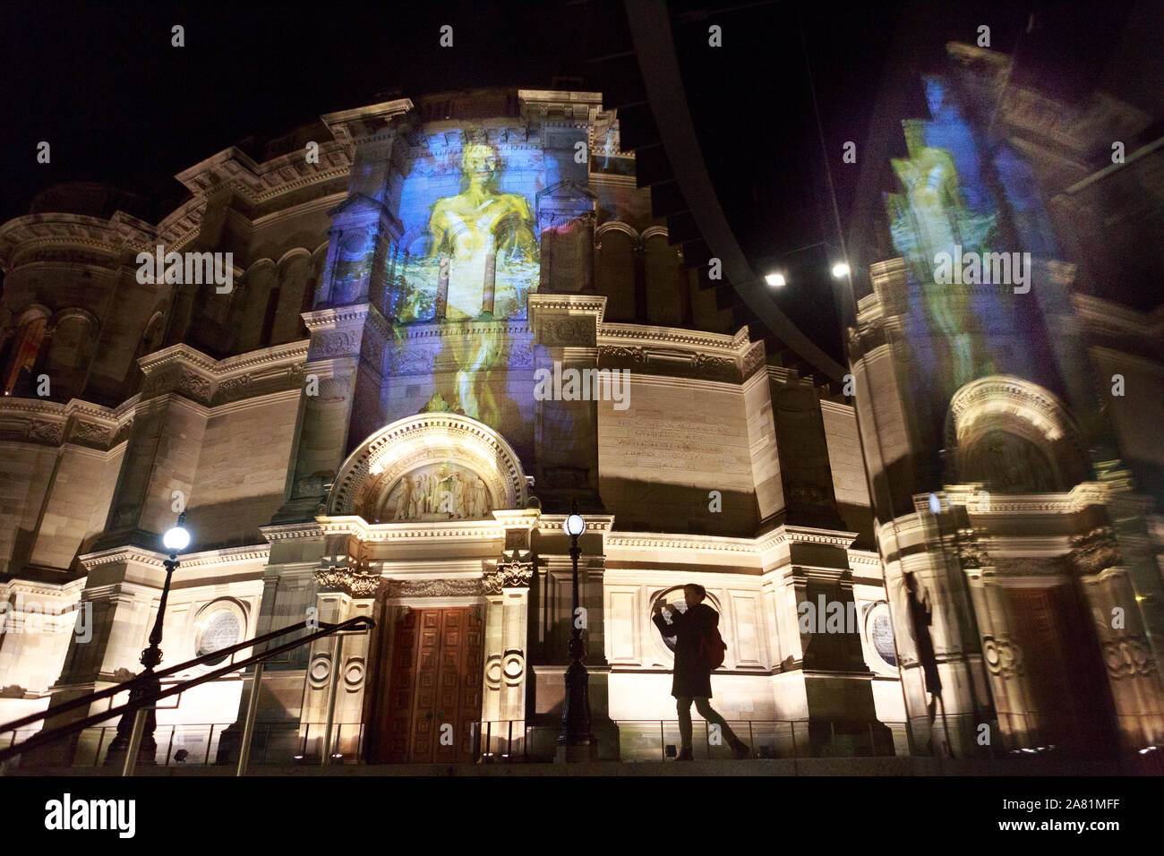 Edinburgh, Scotland. 5 November. 2019. Press call to celebrate their 2020/2021 season launch, Scottish Ballet collaborated with artist Alan McGowan to create a specially commissioned visual art projection that was unveiled in Edinburgh. Photo: Images projected onto University of Edinburgh’s McEwan Hall building. Pako Mera/Alamy Live News Stock Photo