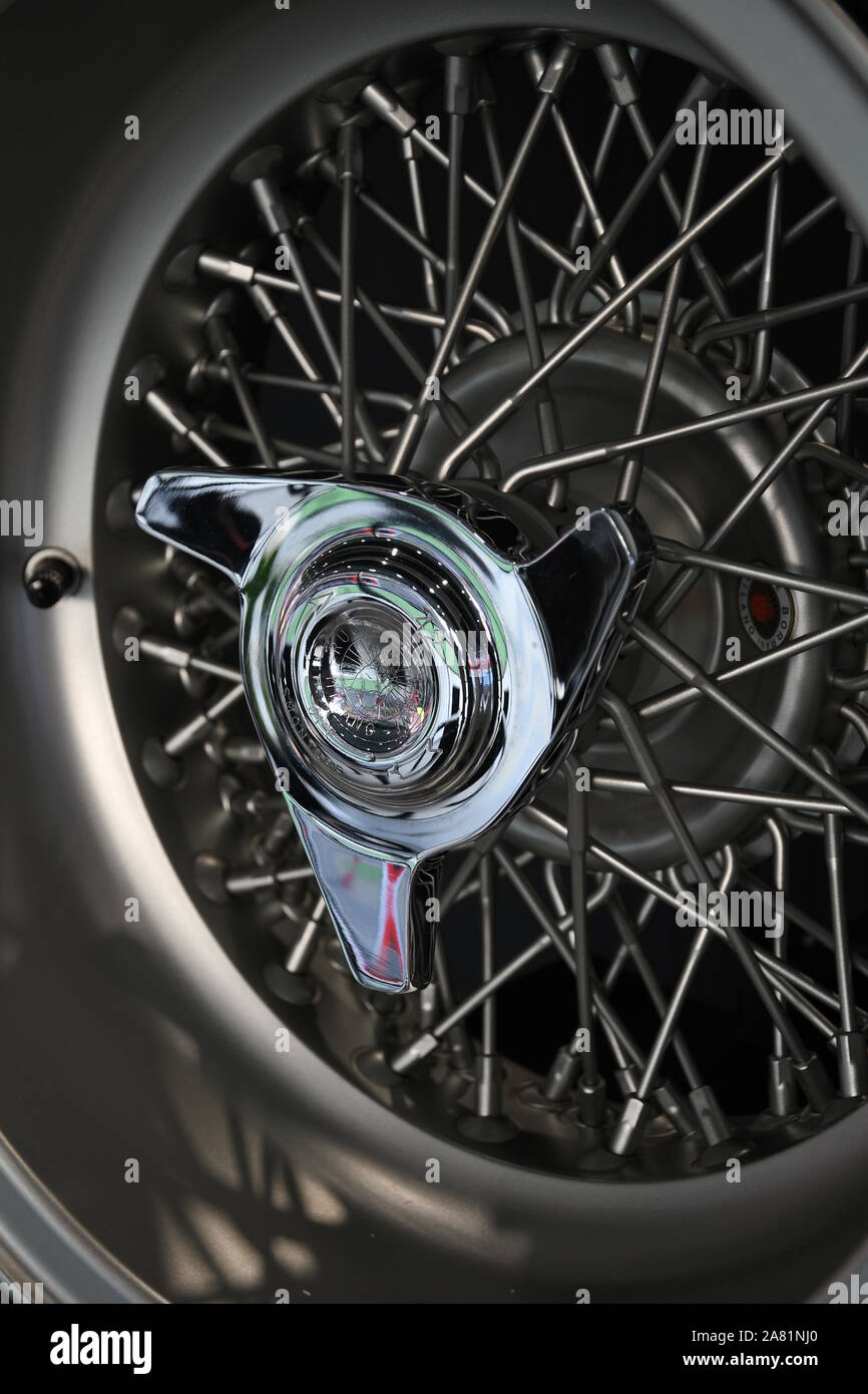 Mugello Circuit, 24 October 2019: detail of an old spoked wheel. macro shot. Italy. Stock Photo