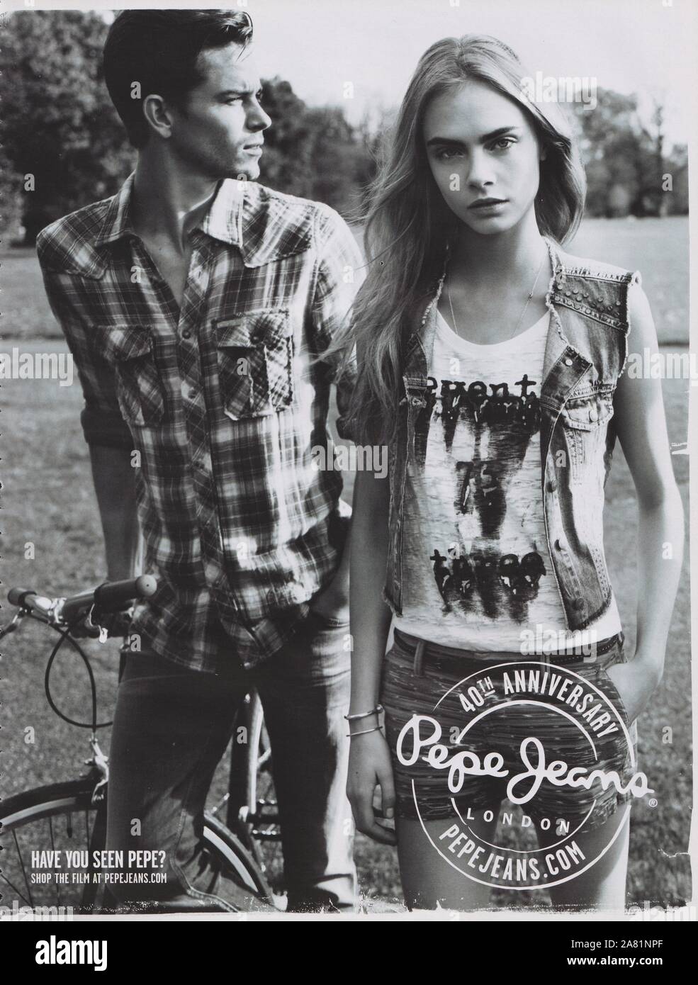 poster advertising Pepe Jeans denim, casual wear jeans brand with Cara  Delevingne, magazine from 2013, advertisement, creative Pepe Jeans 2010s  advert Stock Photo - Alamy