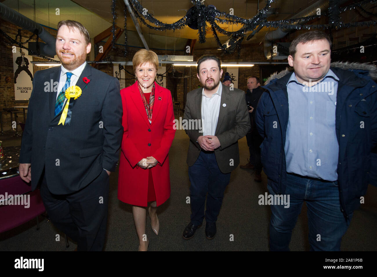 Dalkeith, UK. 5 November 2019. Pictured: (left) Owen Thompson; (right) Nicola Sturgeon MSP - First Minister of Scotland and Leader of the Scottish National Party (SNP).   First Minister Nicola Sturgeon joins Owen Thompson, SNP candidate for Midlothian, to campaign in Dalkeith. Speaking ahead of the visit, Nicola Sturgeon said: “Brexit is far from a done deal.”  “Even if Boris Johnson was to get his deal passed, that would only be the beginning – not the end – of trade talks with the EU.”     Credit: Colin Fisher/Alamy Live News. Stock Photo