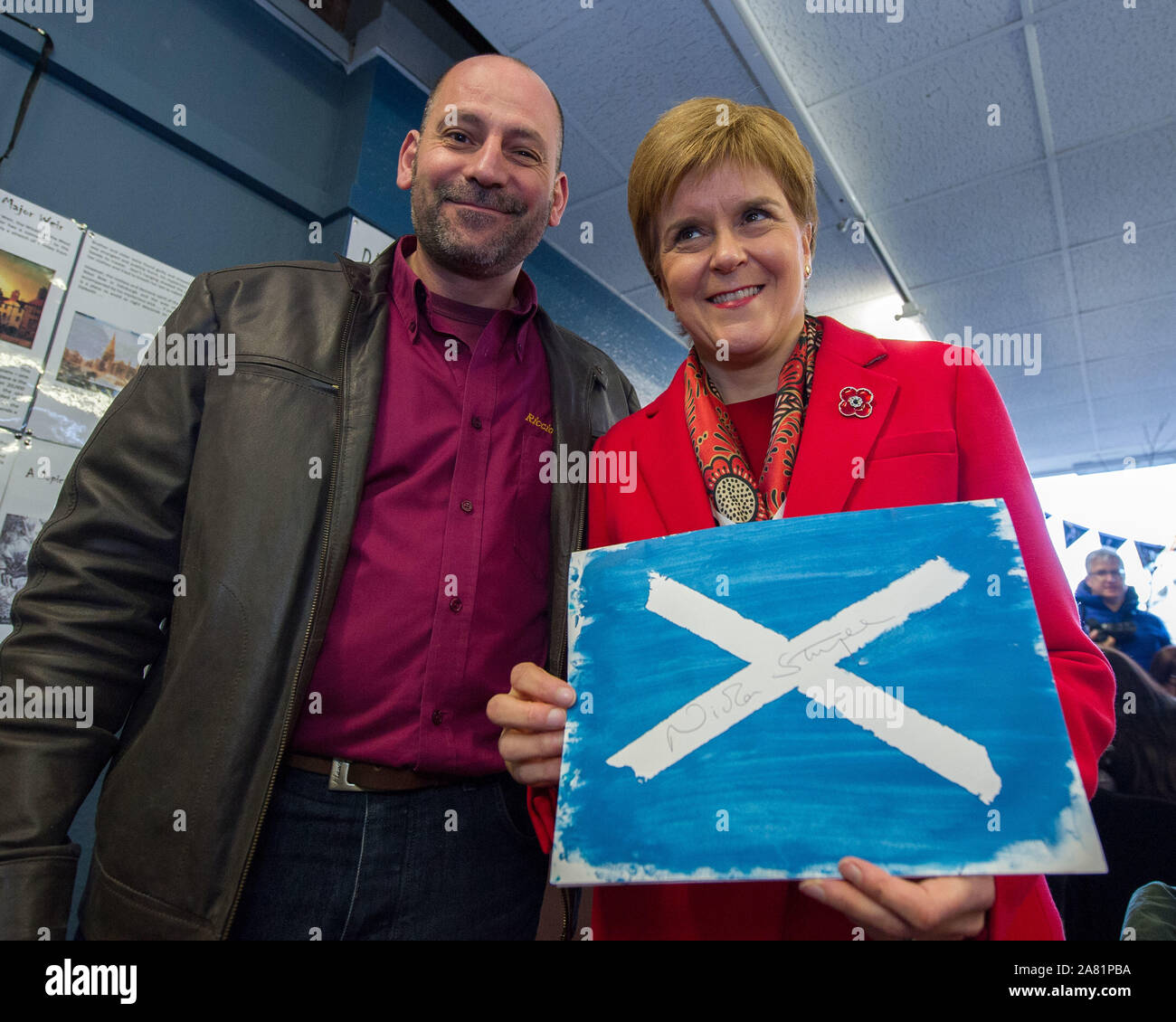 Dalkeith, UK. 5 November 2019. Pictured: (left) Carlo Riccio - Owner of the Riccio Gallery; (right) Nicola Sturgeon MSP - First Minister of Scotland and Leader of the Scottish National Party (SNP).  First Minister Nicola Sturgeon joins Owen Thompson, SNP candidate for Midlothian, to campaign in Dalkeith. Speaking ahead of the visit, Nicola Sturgeon said: “Brexit is far from a done deal.”  “Even if Boris Johnson was to get his deal passed, that would only be the beginning – not the end – of trade talks with the EU.”   Credit: Colin Fisher/Alamy Live News. Credit: Colin Fisher/Alamy Live News Stock Photo