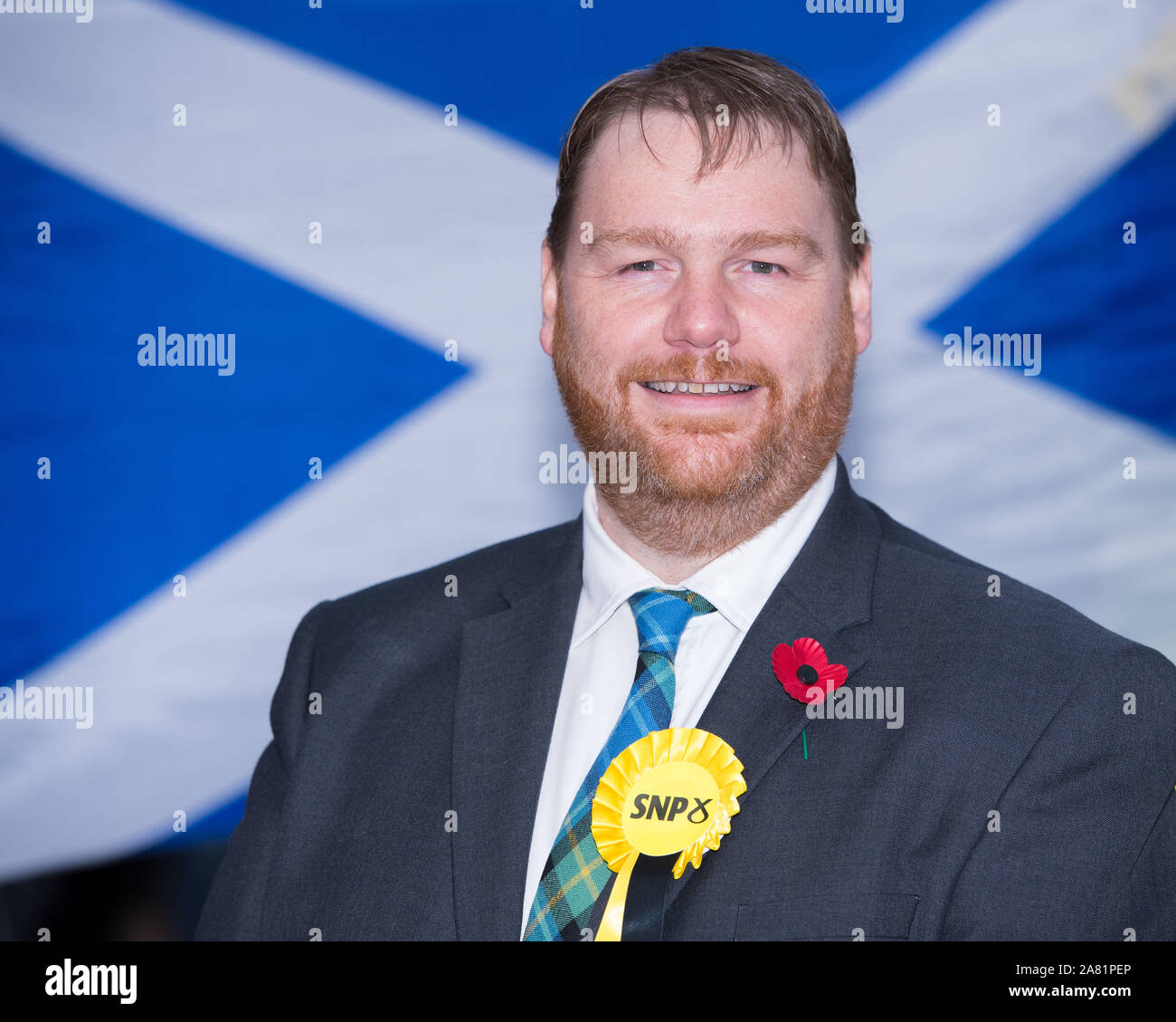 Dalkeith, UK. 5 November 2019. Pictured: Owen Thompson - SNP Candidate for Midlothian. First Minister Nicola Sturgeon joins Owen Thompson, SNP candidate for Midlothian, to campaign in Dalkeith. Speaking ahead of the visit, Nicola Sturgeon said: “Brexit is far from a done deal.”  “Even if Boris Johnson was to get his deal passed, that would only be the beginning – not the end – of trade talks with the EU.”   Credit: Colin Fisher/Alamy Live News. Credit: Colin Fisher/Alamy Live News Stock Photo