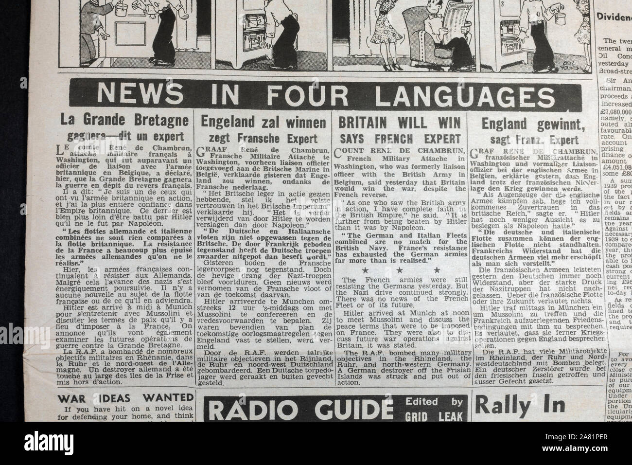 Special section showing War related news stories in four languages: Daily Sketch newspaper (replica), 19th June 1940 (during Battle of Britain). Stock Photo