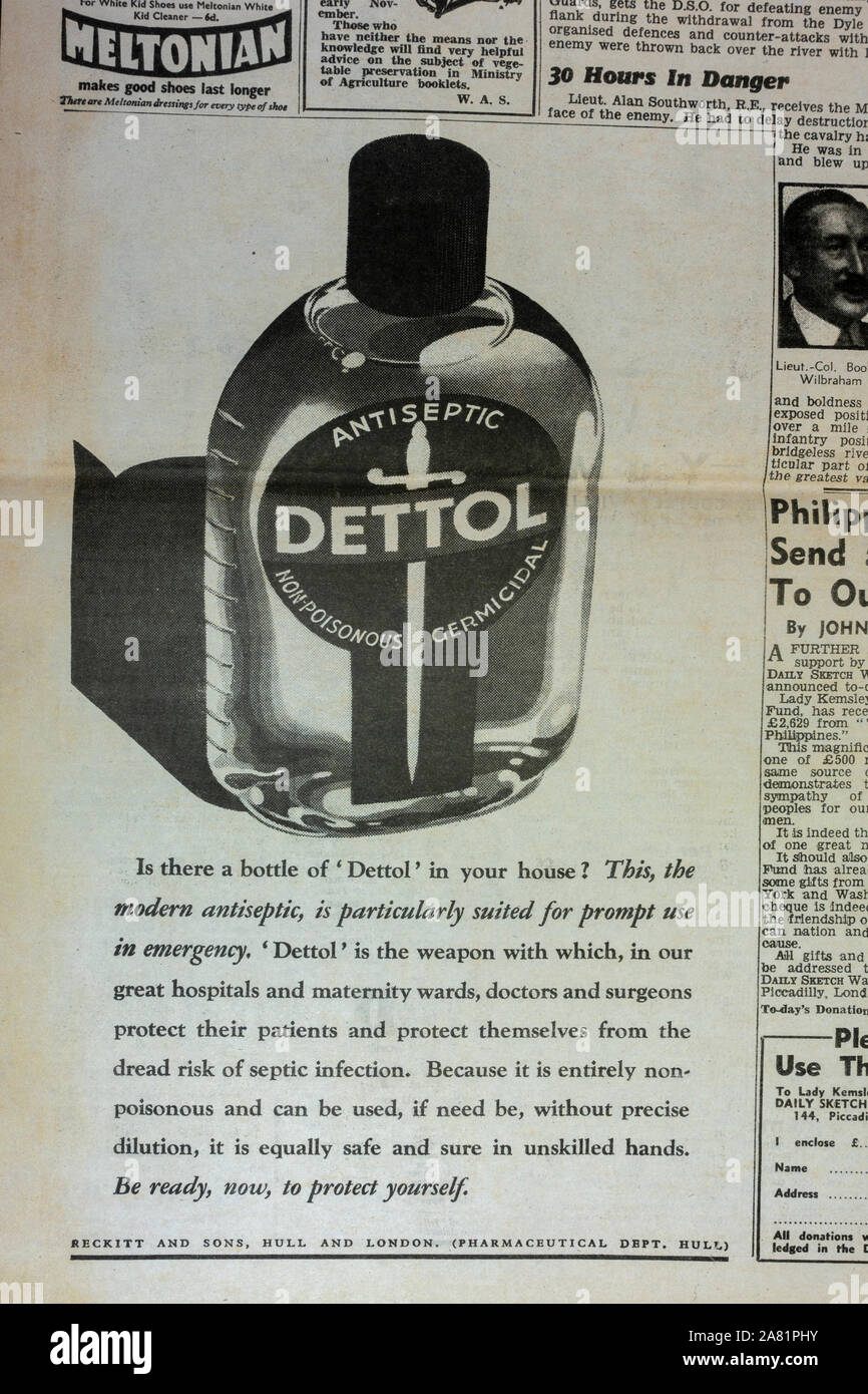 Ad for Dettol antiseptic liquid: Daily Sketch newspaper (replica), 19th June 1940 (during Battle of Britain). Stock Photo