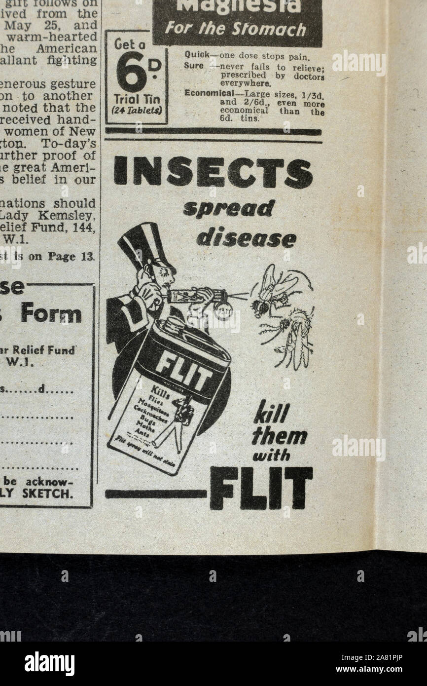 Ad for Flit insecticide (to kill flies, mosquitoes and cockroaches): Daily  Sketch newspaper (replica), 19th June 1940 (during Battle of Britain Stock  Photo - Alamy