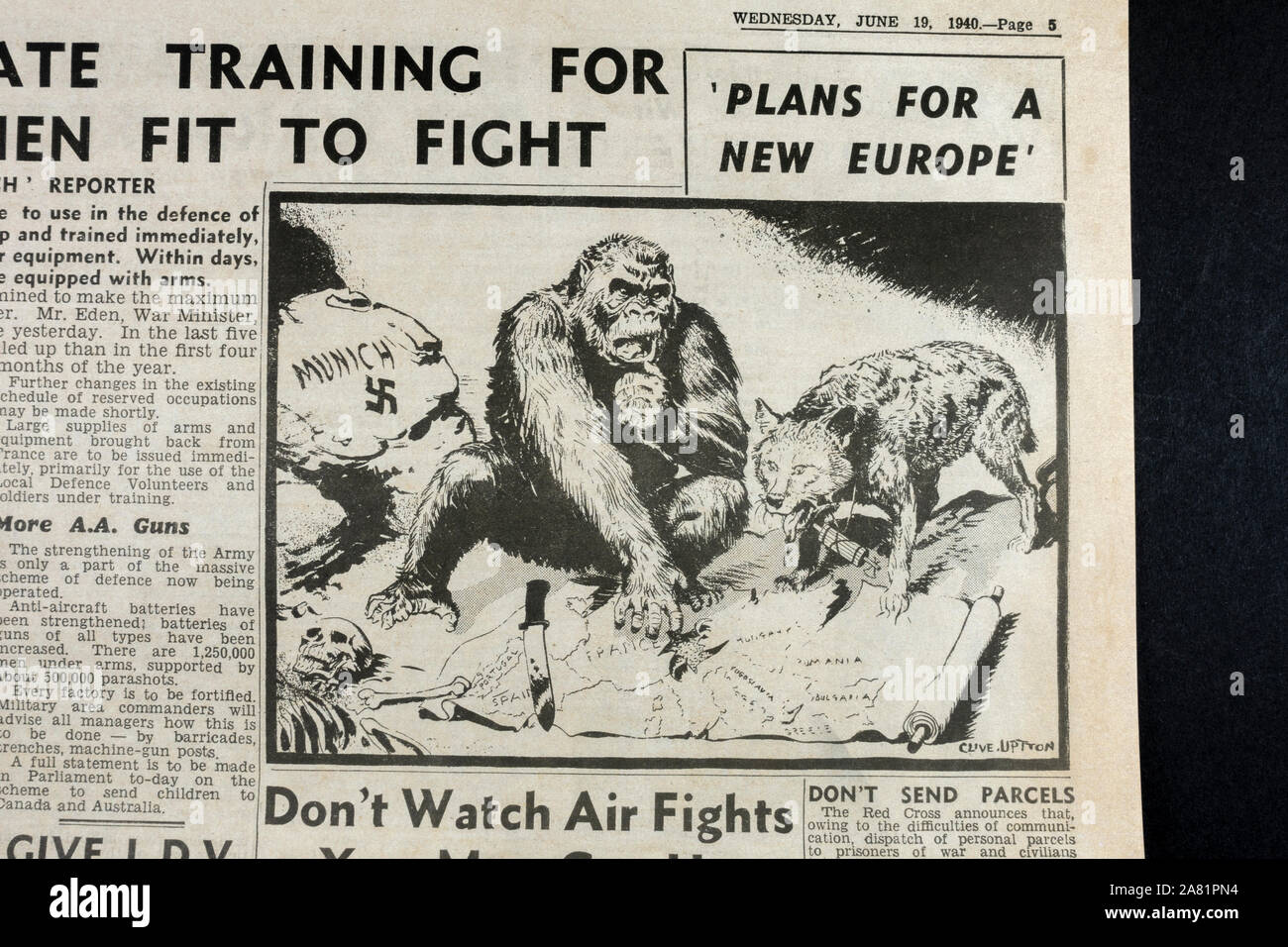 Large cartoon showing Nazi plans for Europe using wild animals and murder: Daily Sketch newspaper (replica), 19th June 1940 (during Battle of Britain) Stock Photo