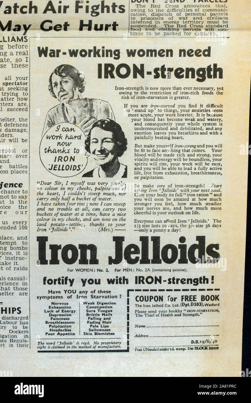 Ad for Iron Jelloids, an iron supplement Daily Sketch newspaper
