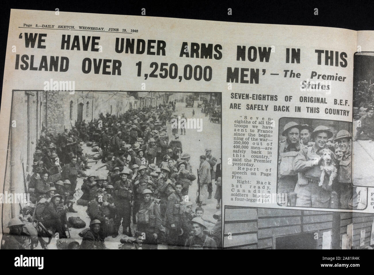 Photograph & articel highlighting strength of Britain's army: Daily Sketch newspaper (replica), 19th June 1940 (during Battle of Britain). Stock Photo