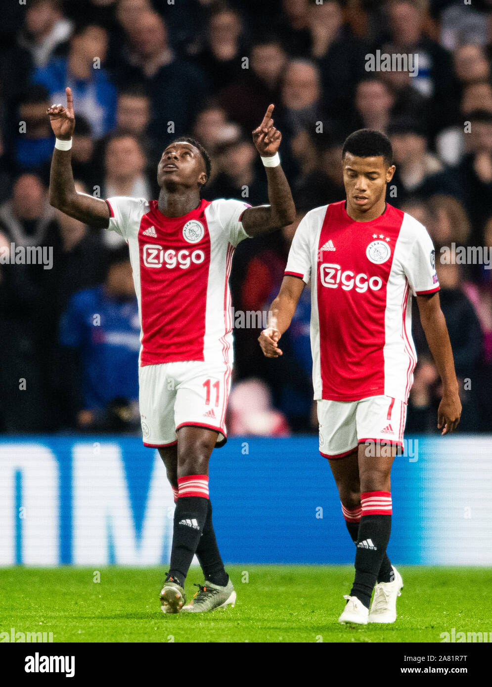 London, UK. 05th Nov, 2019. Ajax Quincy Promes no 11 after scoring second  goal for his club during the UEFA Champions League group match between  Chelsea and Ajax at Stamford Bridge, London,