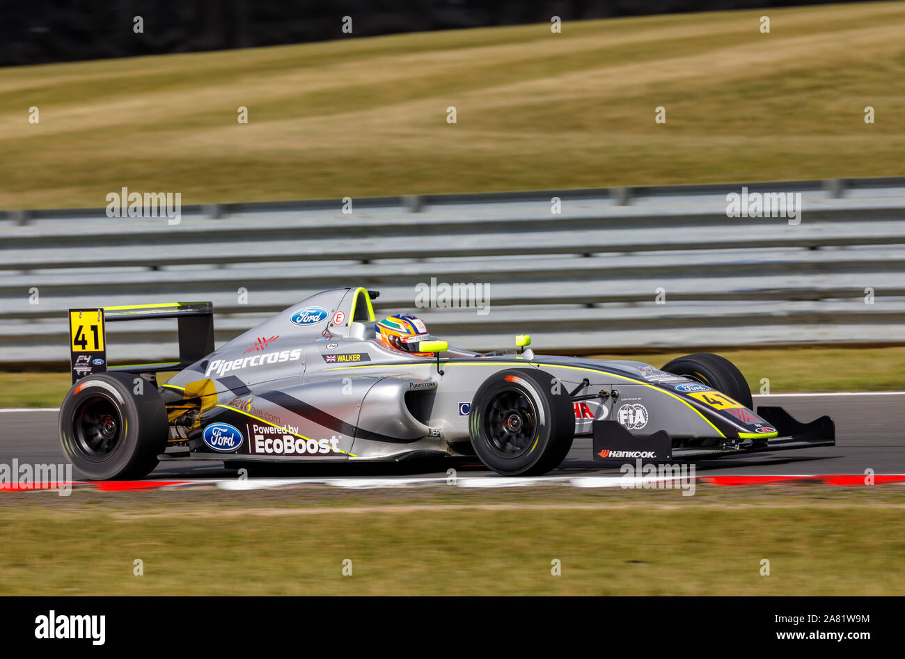 Alex Walker in his JHR Developments Formula 4 Ford Ecoboost single-seater at the 2019 BTCC meeting at Snetterton, Norfolk, UK. Stock Photo