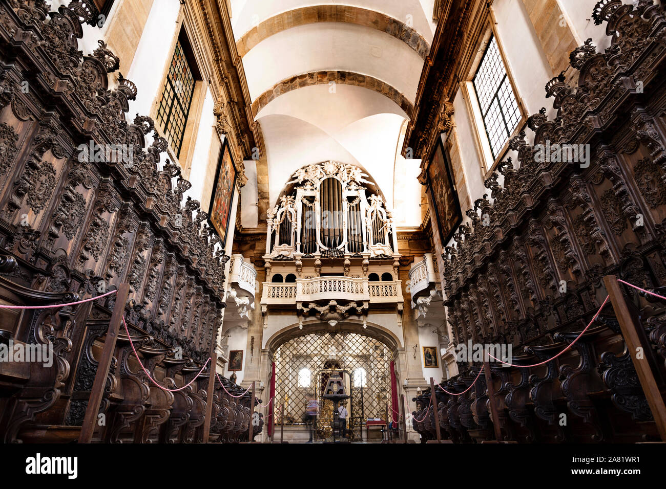 View of the spectacular Brazilian black rosewwod and walnut wood grand chair, in the choir of the Monastery of Saint Mary of Lorvao, Coimbra, Portugal Stock Photo