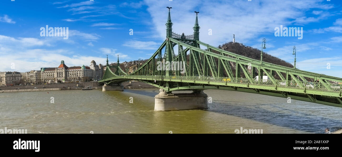 BUDAPEST, HUNGARY - MARCH 2019: Panoramic view of the Liberty Bridge or Freedom Bridge as it is also known, which crosses the River Danube in Budapest Stock Photo