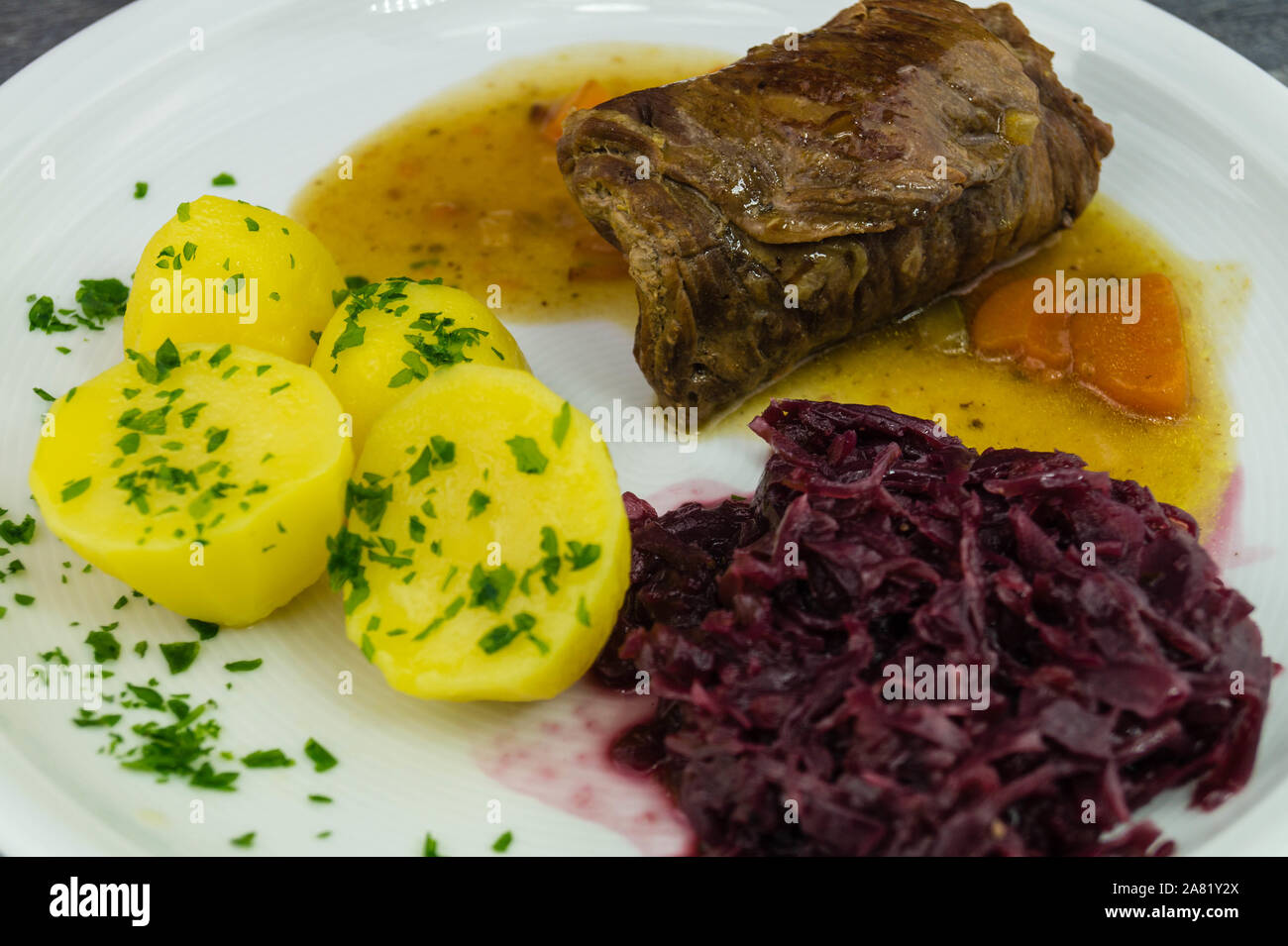 traditional german Food Beef Roulade with red cabbage Stock Photo Alamy