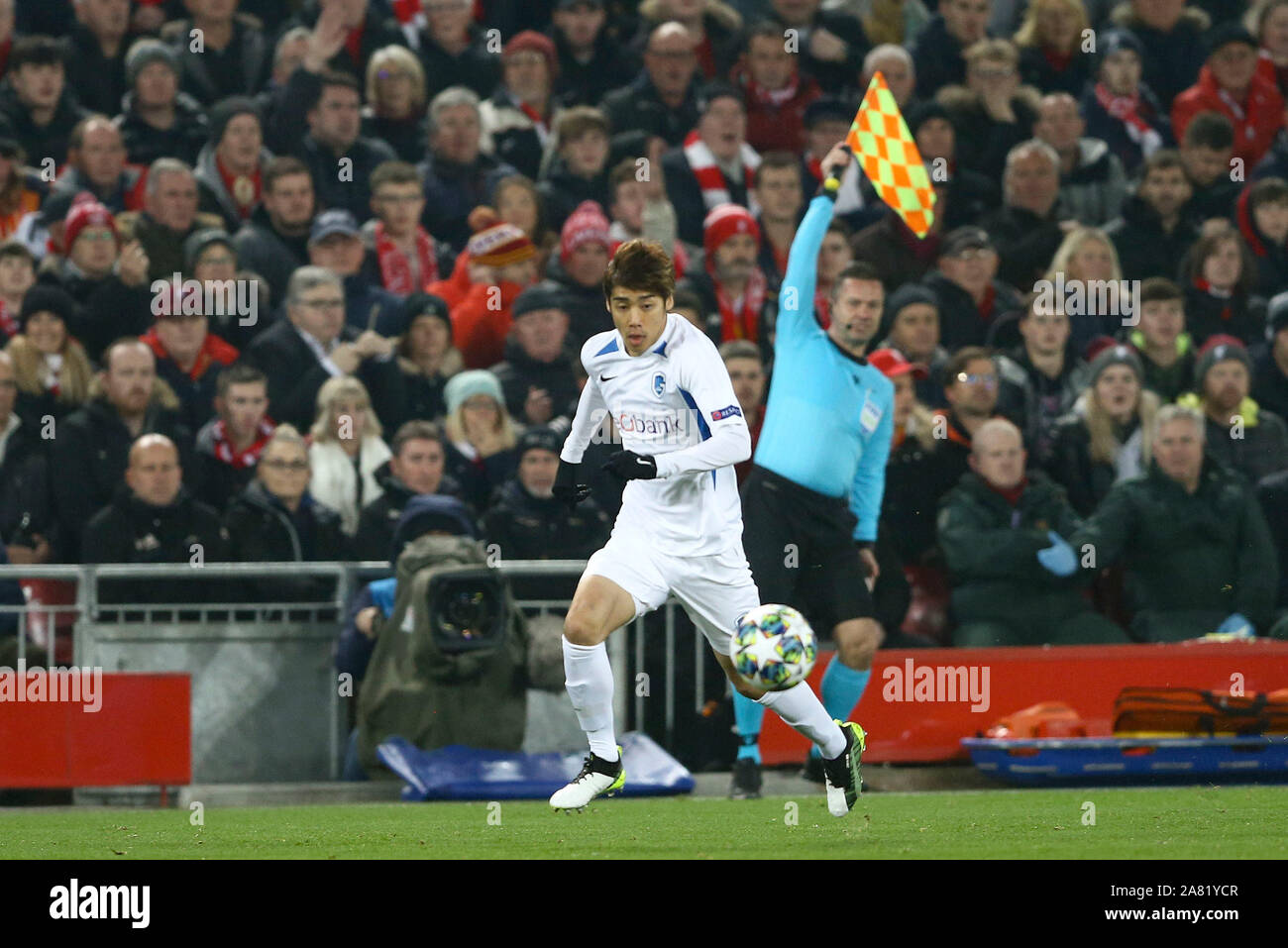 Liverpool, UK. 05th Nov, 2019. Junya Ito of KRC Genk finds himself offside. UEFA Champions league group E match, Liverpool v KRC Genk at Anfield Stadium in Liverpool on Tuesday 5th November 2019. this image may only be used for Editorial purposes. Editorial use only, license required for commercial use. No use in betting, games or a single club/league/player publications. pic by Chris Stading/Andrew Orchard sports photography/Alamy Live news Credit: Andrew Orchard sports photography/Alamy Live News Stock Photo