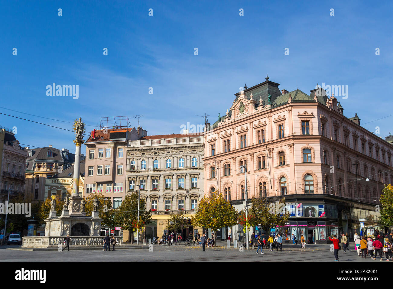 BRNO, CZECH REPUBLIC - OCTOBER 23, 2019: Freedom square (Namesti Svobody) and Plague column in the heart of Brno old town Stock Photo