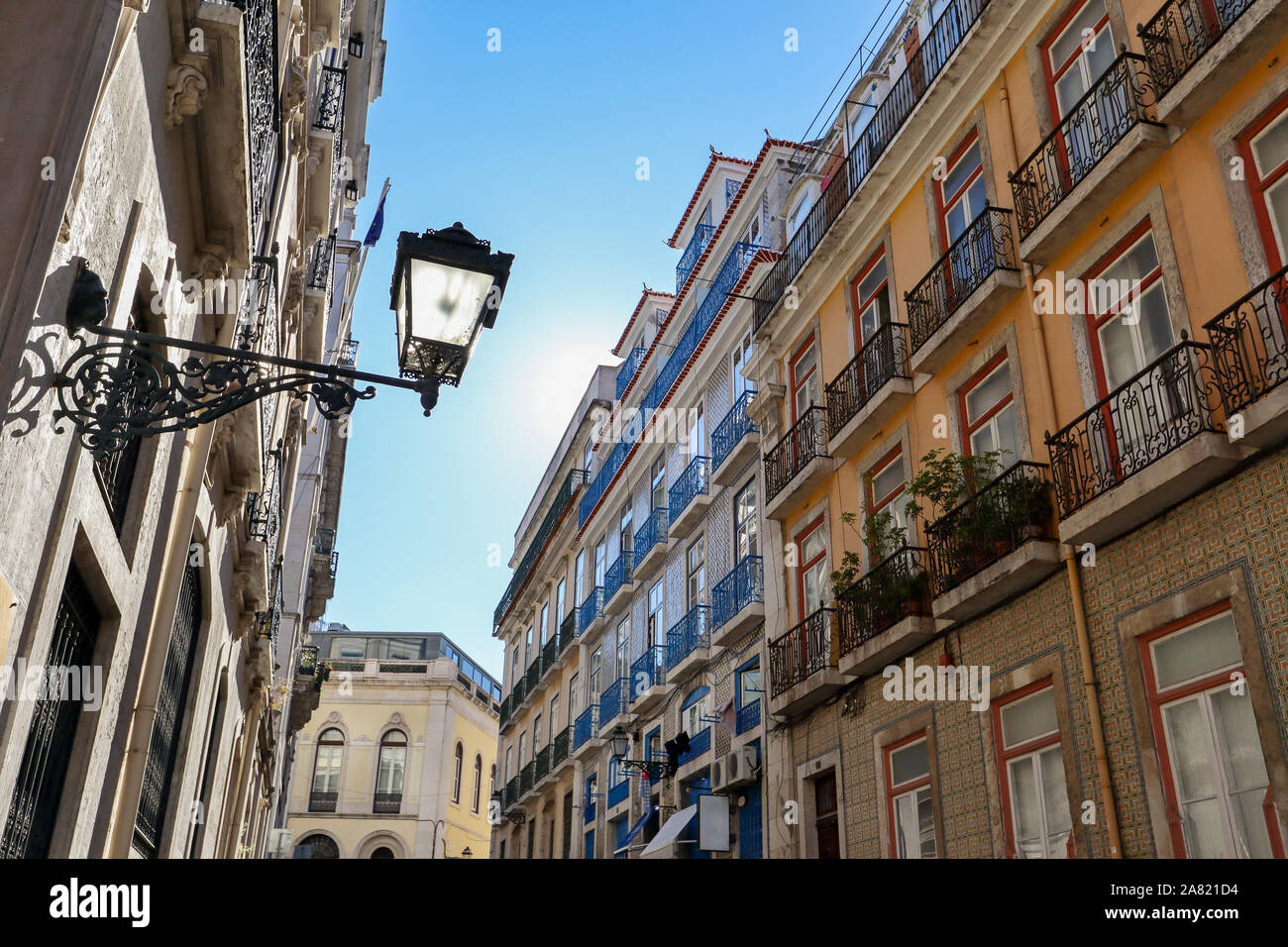 View to the Bairro Alto district in the historic center of Lisbon, traditional facades in the streets of the old town, Portugal Europe Stock Photo
