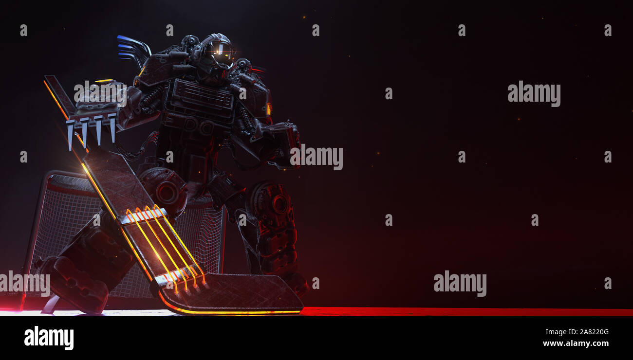 Hockey goalie metal agressive stance red machine with fire metal