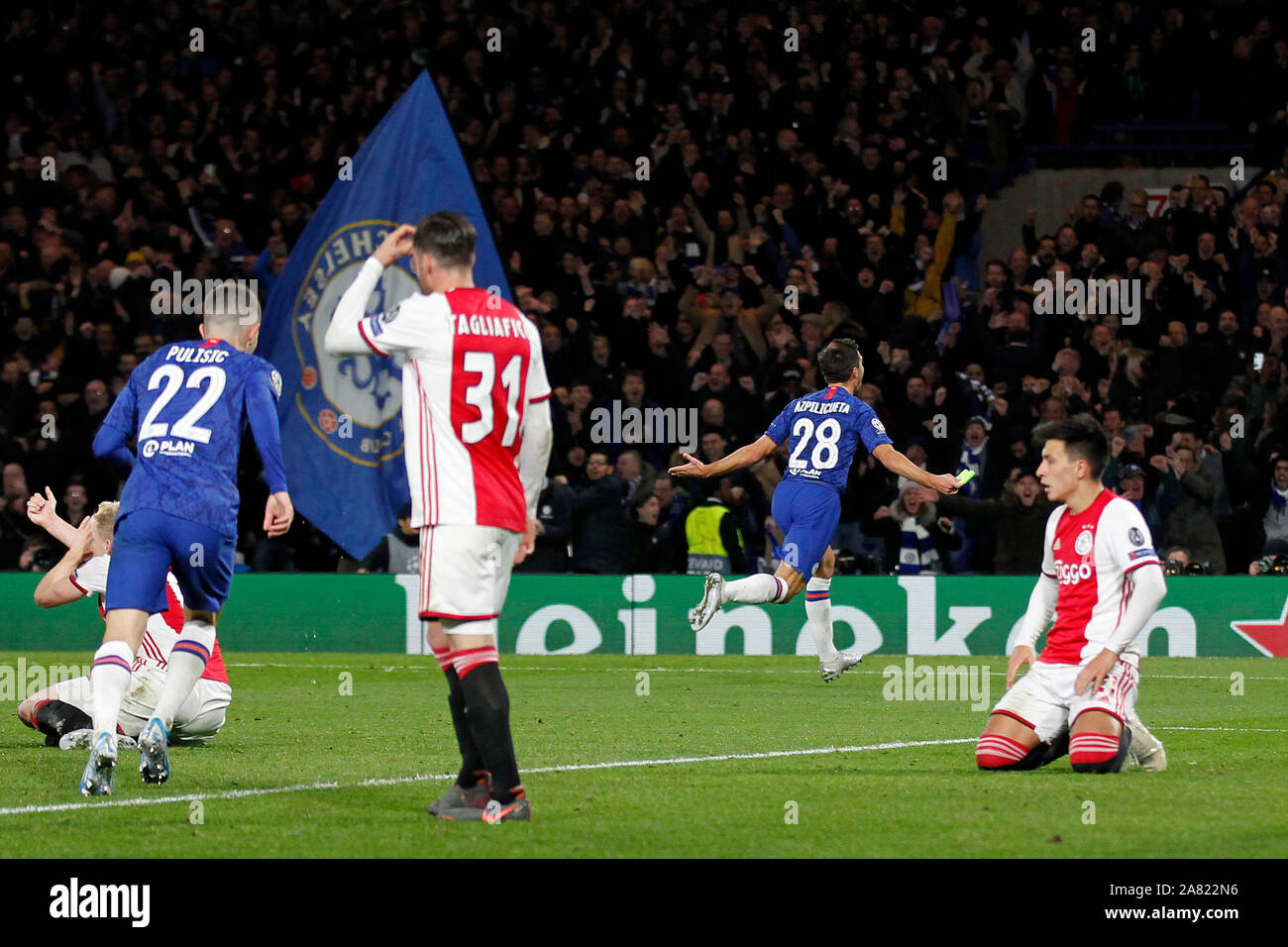 London, UK. 05th Nov, 2019. GOAL - Csar Azpilicueta of Chelsea scores the fourth goal during the UEFA Champions League group match between Chelsea and Ajax at Stamford Bridge, London, England on 5 November 2019. Photo by Carlton Myrie/PRiME Media Images. Credit: PRiME Media Images/Alamy Live News Stock Photo