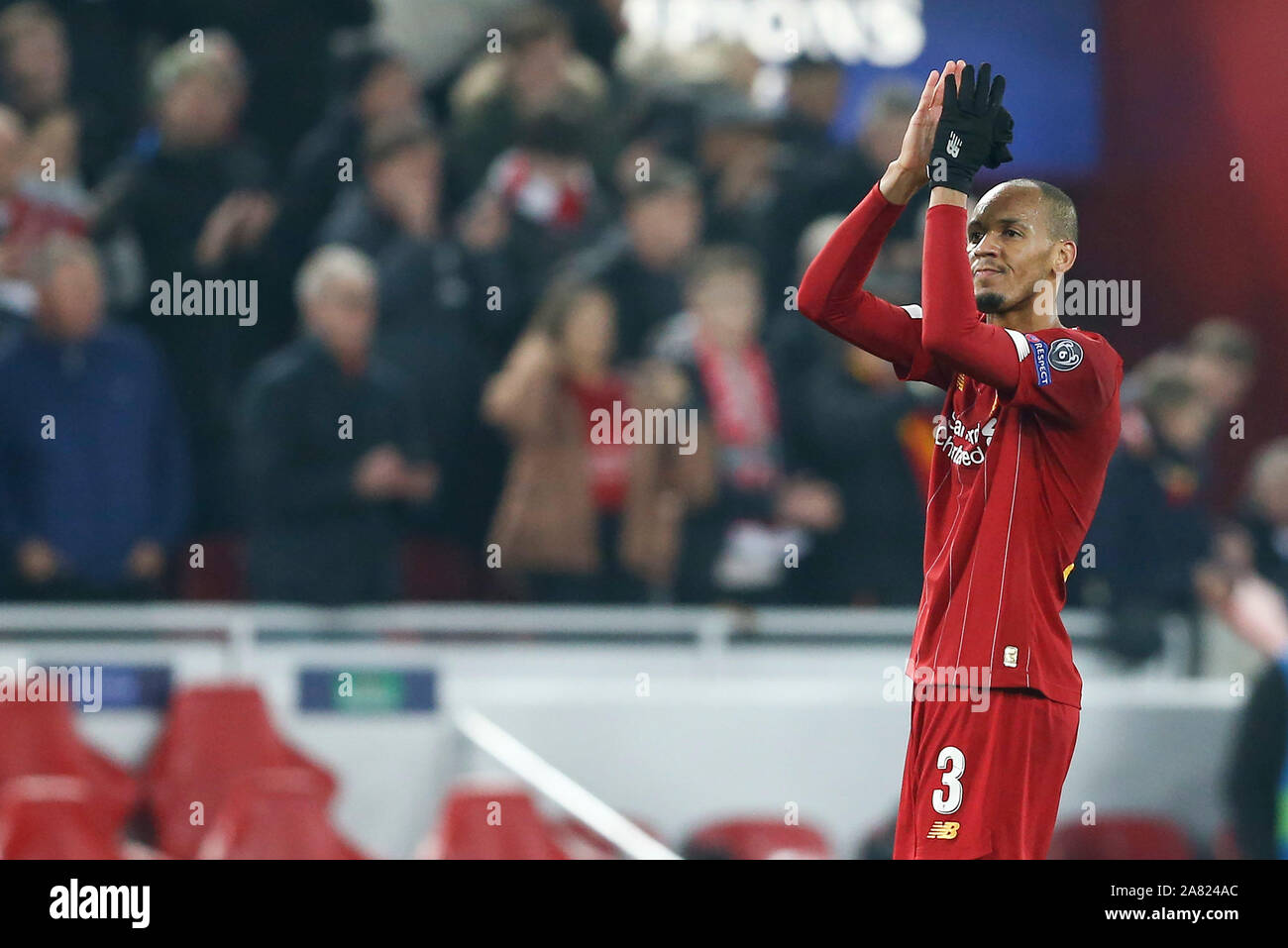 Liverpool, UK. 05th Nov, 2019. Fabinho of Liverpool shows his appreciation to the fans after the game. UEFA Champions league group E match, Liverpool v KRC Genk at Anfield Stadium in Liverpool on Tuesday 5th November 2019. this image may only be used for Editorial purposes. Editorial use only, license required for commercial use. No use in betting, games or a single club/league/player publications. pic by Chris Stading/Andrew Orchard sports photography/Alamy Live news Credit: Andrew Orchard sports photography/Alamy Live News Stock Photo