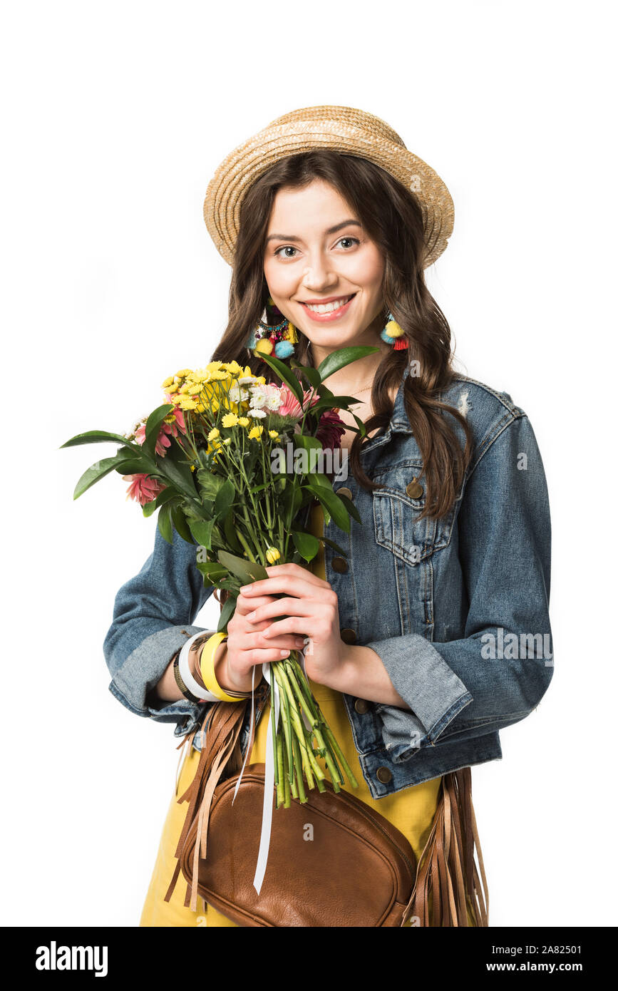 happy boho girl in straw hat holding flowers isolated on white Stock ...