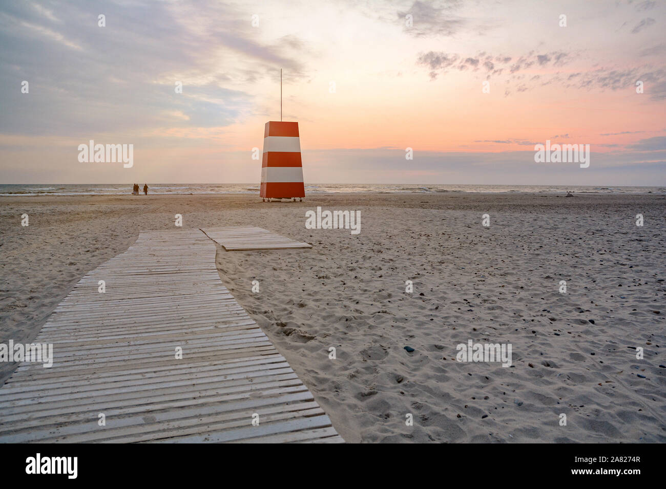 Red-white lifeguard tower on the beach of Henne Strand, Jutland Denmark Europe Stock Photo