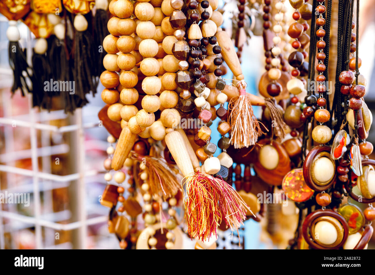beads made of wood. Close-up. Brightly. Stock Photo