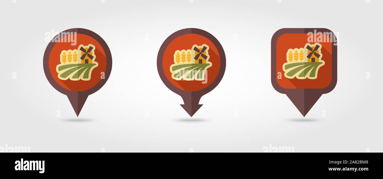 Field with a windmill and ears of wheat flat vector pin map icon. Map ...