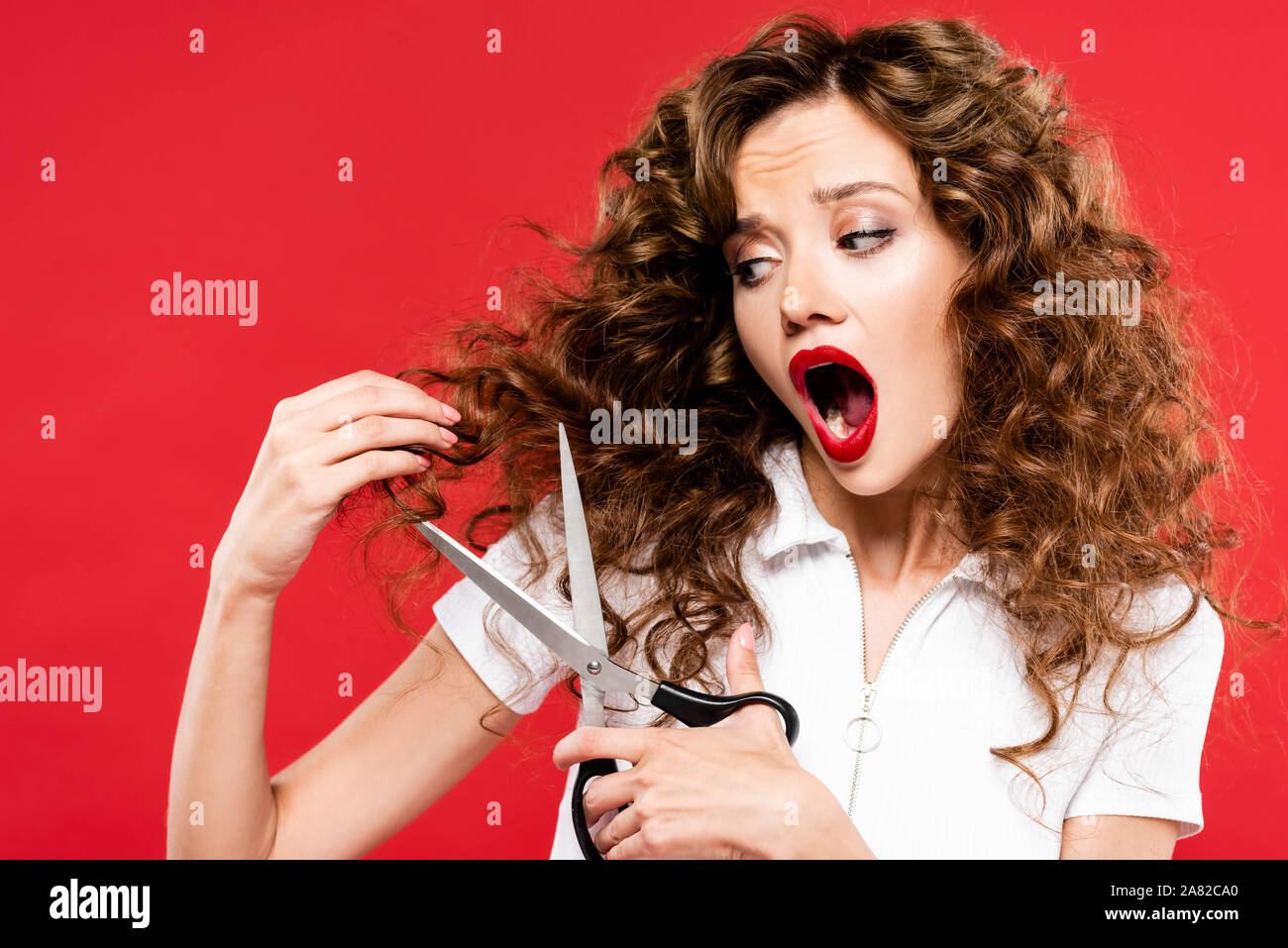 shocked curly girl cutting her hair with scissors, isolated on red