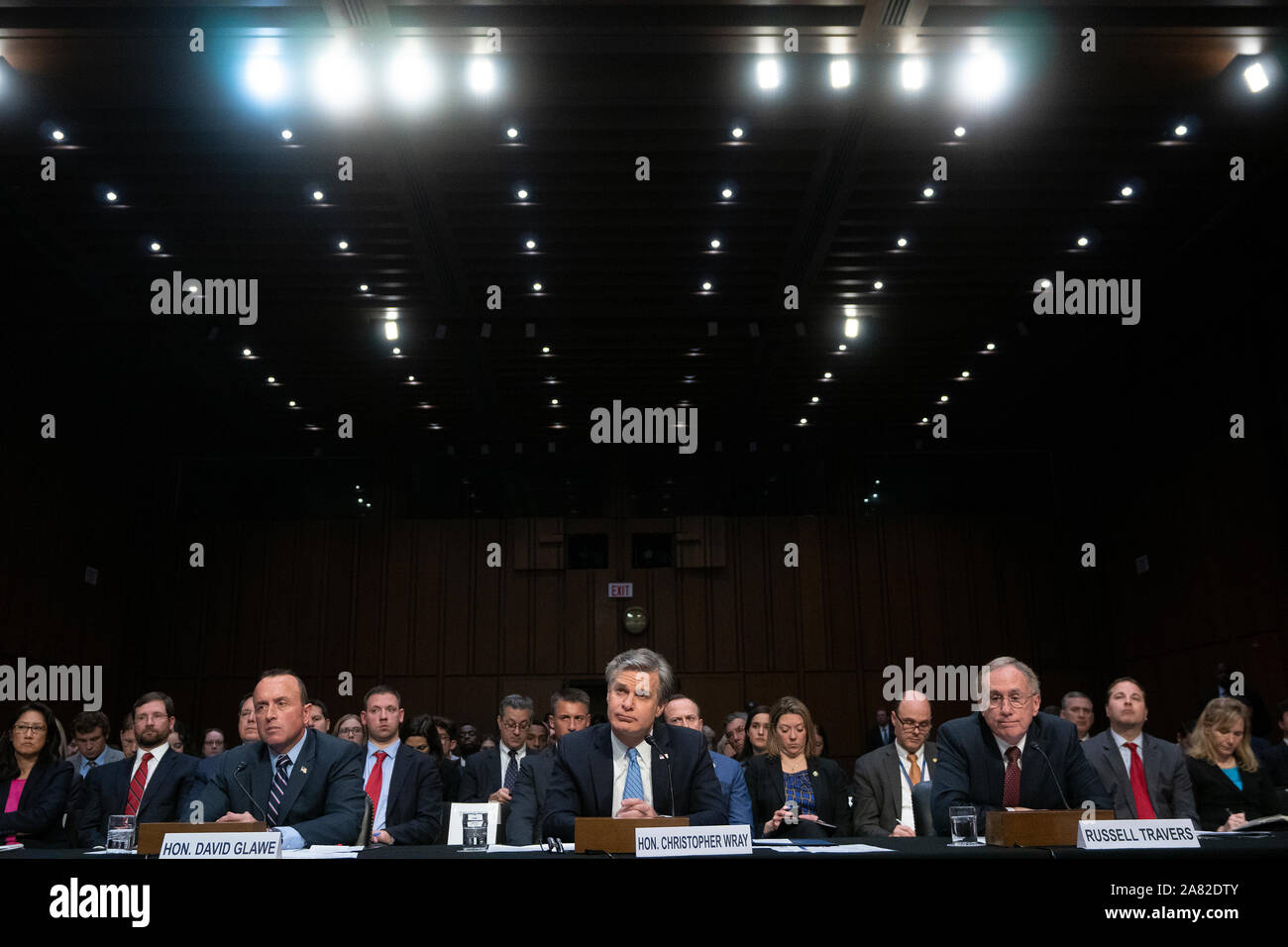 Washington, DC, USA. 5th Nov, 2019. Under Secretary at the U.S. Department of Homeland Security David Glawe, Director of the Federal Bureau of Investigation Christopher Wray, and Acting Directorof the National Counterterrorism Center Russell Travers testify before the U.S. Senate Committee on Homeland Security and Governmental Affairs on Capitol Hill in Washington, DC, U.S., on Tuesday, November 5, 2019. Credit: Stefani Reynolds/CNP | usage worldwide Credit: dpa/Alamy Live News Stock Photo