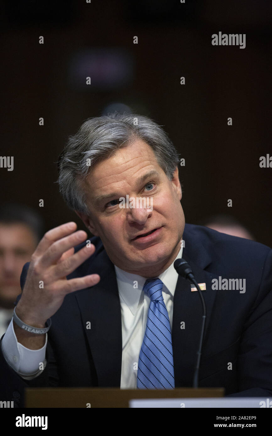 Washington, District of Columbia, USA. 5th Nov, 2019. Director of the Federal Bureau of Investigation Christopher Wray, joined by Under Secretary at the U.S. Department of Homeland Security David Glawe and Acting Director of the National Counterterrorism Center Russell Travers, testifies before the U.S. Senate Committee on Homeland Security and Governmental Affairs on Capitol Hill in Washington, DC, U.S., on Tuesday, November 5, 2019. Credit: Stefani Reynolds/CNP Credit: Stefani Reynolds/CNP/ZUMA Wire/Alamy Live News Stock Photo