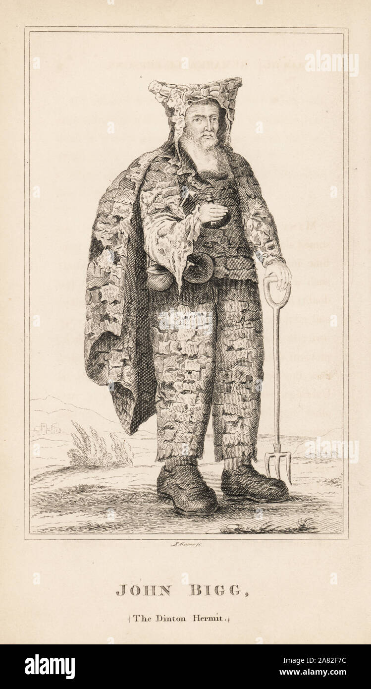 John Bigg, the Dinton hermit, 1629-1696. He lived in a cave and wore a patchwork coat of leather scraps. Engraving by R. Grave from James Caulfield's Portraits, Memoirs and Characters of Remarkable Persons, London, 1819. Stock Photo