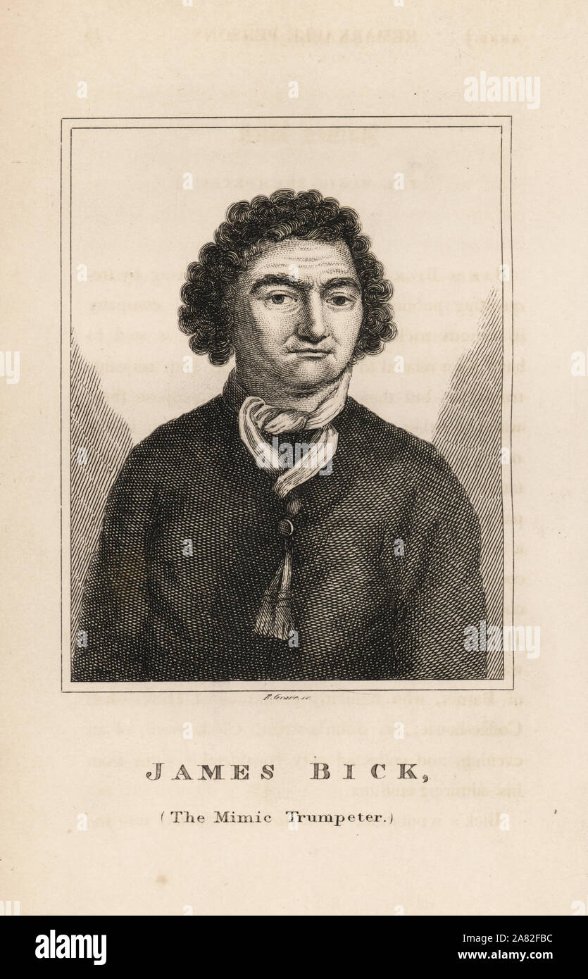 James Bick, the Mimic Trumpeter, ventriloquist and musical imitator, died 1734. Engraving by R. Grave from James Caulfield's Portraits, Memoirs and Characters of Remarkable Persons, London, 1819. Stock Photo