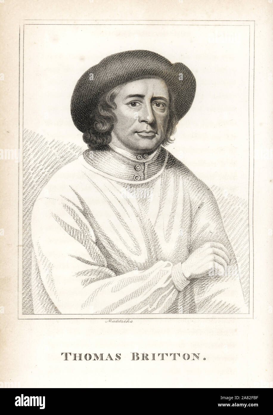 Thomas Britton, coal merchant and antiquarian book dealer, died 1714. Engraving by Maddocks from James Caulfield's Portraits, Memoirs and Characters of Remarkable Persons, London, 1819. Stock Photo