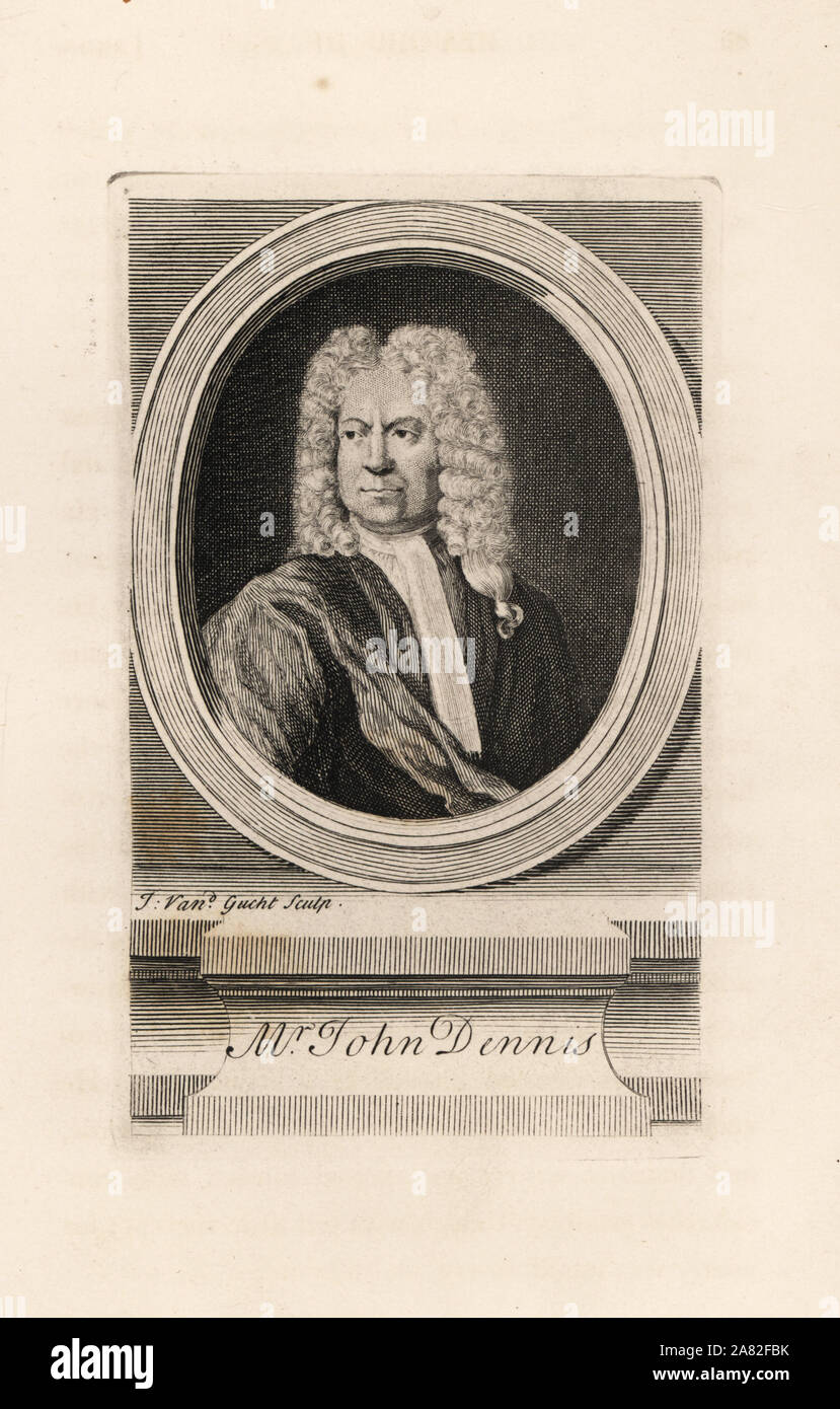 John Dennis, critic and playwright, and writer of turgid, heavy and obscure poetry. Died 1734. Copperplate engraving by J. van Gucht from James Caulfield's Portraits, Memoirs and Characters of Remarkable Persons, London, 1819. Stock Photo
