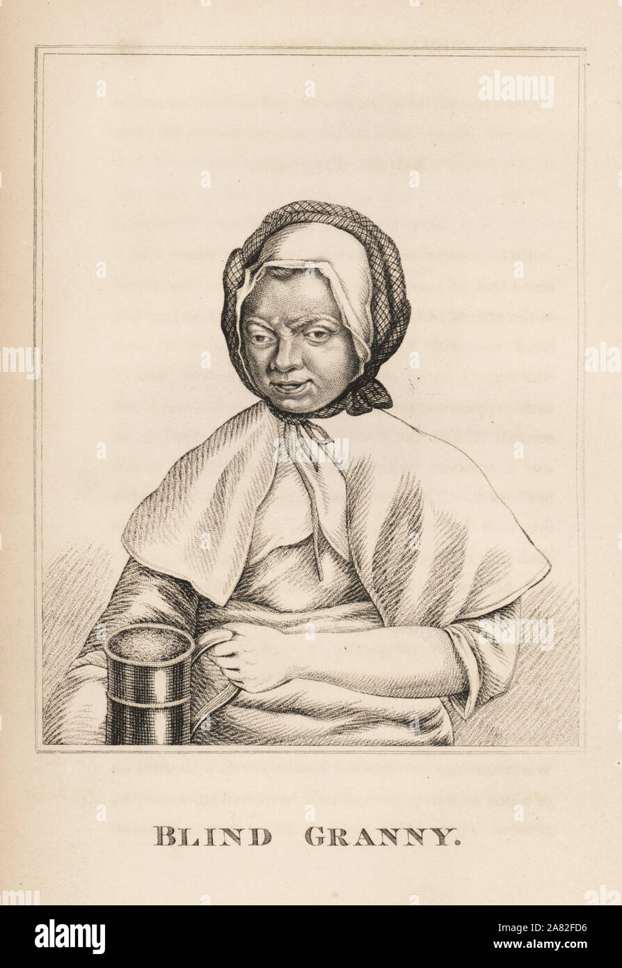 Blind Granny, drunk London beggar who could lick her blind eye with her tongue. Engraving from James Caulfield's Portraits, Memoirs and Characters of Remarkable Persons, London, 1819. Stock Photo