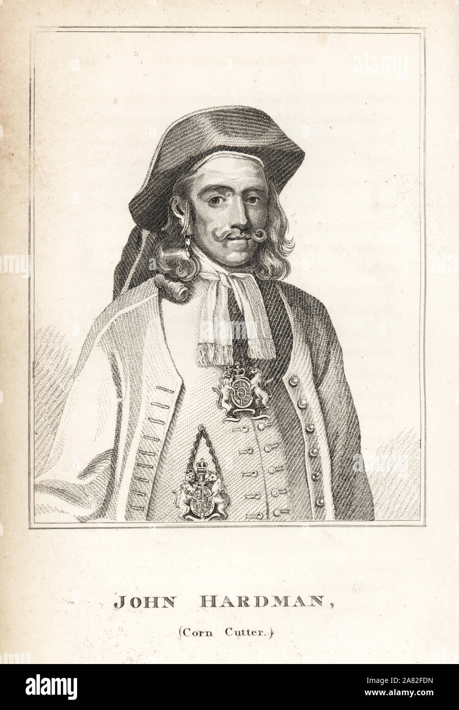 John Hardman, corn cutter and bunion doctor to King William III. Engraving from James Caulfield's Portraits, Memoirs and Characters of Remarkable Persons, London, 1819. Stock Photo