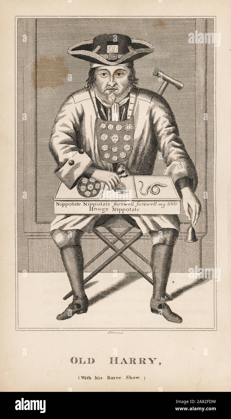 Old Harry with his Raree Show. He attracted customers with a bell and showed a cabinet of curiosities including a snake, a flea, and Nippotate a tame hedgehog for a farthing. Engraving by R. Grave from James Caulfield's Portraits, Memoirs and Characters of Remarkable Persons, London, 1819. Stock Photo