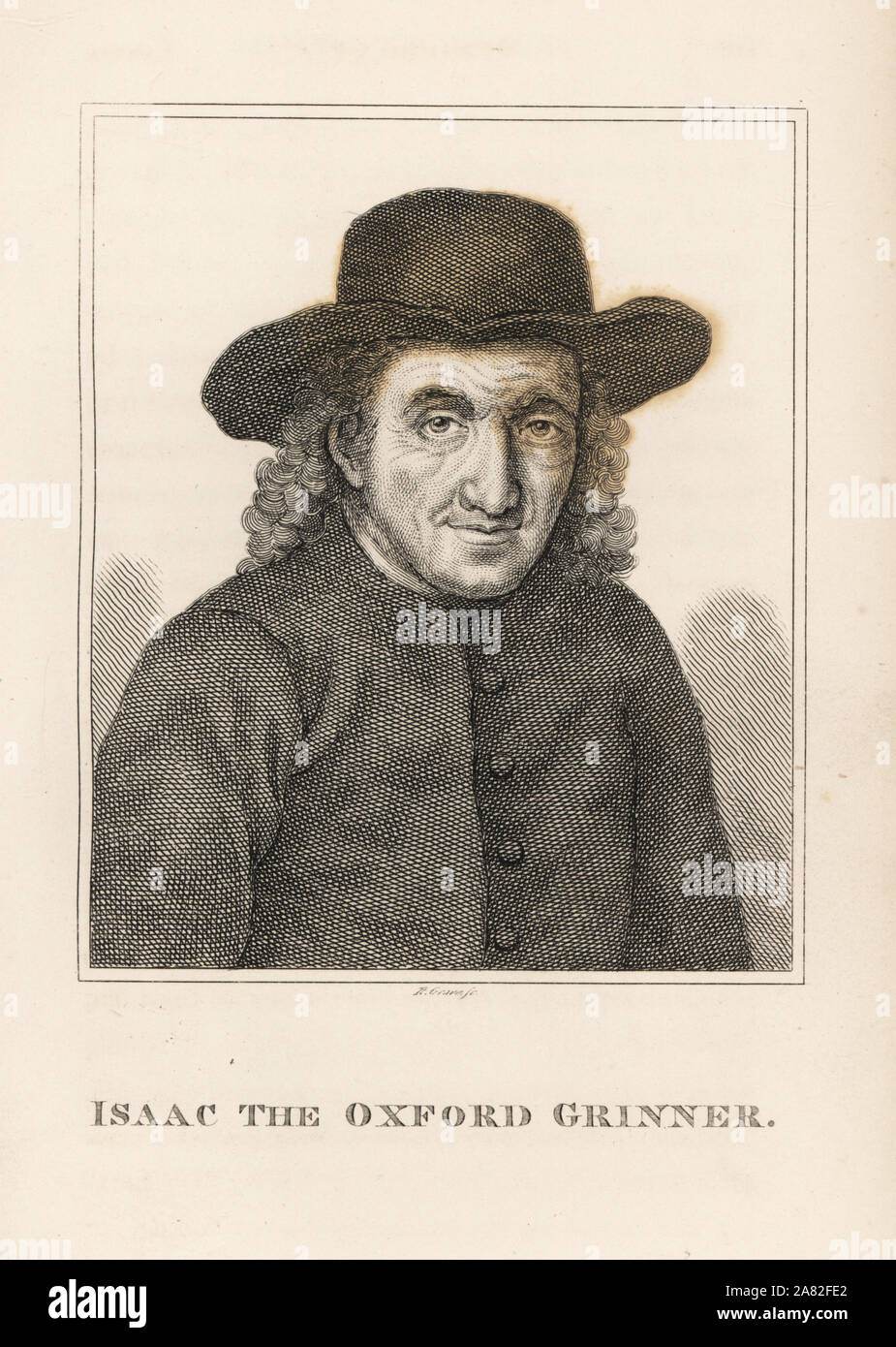 Isaac the Oxford Grinner, grimacing performer at fairs around the country, 18th century. Engraving by R. Grave from James Caulfield's Portraits, Memoirs and Characters of Remarkable Persons, London, 1819. Stock Photo