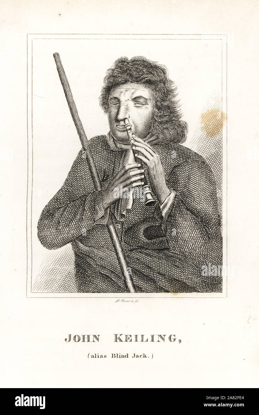 John Keiling, Blind Jack, London street performer on the flageolet with his nose. Engraving by R. Grave from James Caulfield's Portraits, Memoirs and Characters of Remarkable Persons, London, 1819. Stock Photo