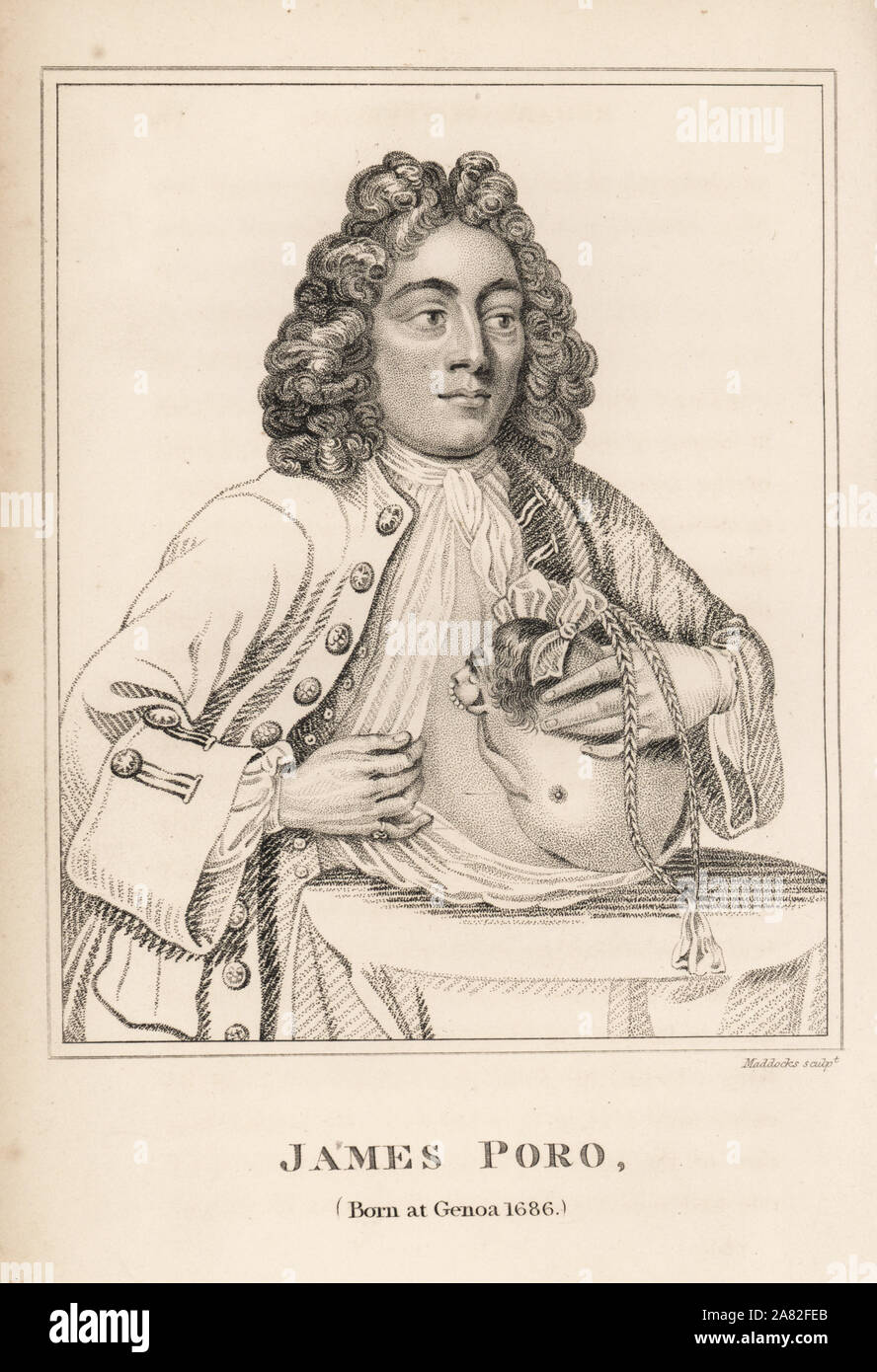 James Poro and his parasitic twin Matthew, exhibited in 1704 in London. Engraving by W. Maddocks from James Caulfield's Portraits, Memoirs and Characters of Remarkable Persons, London, 1819. Stock Photo