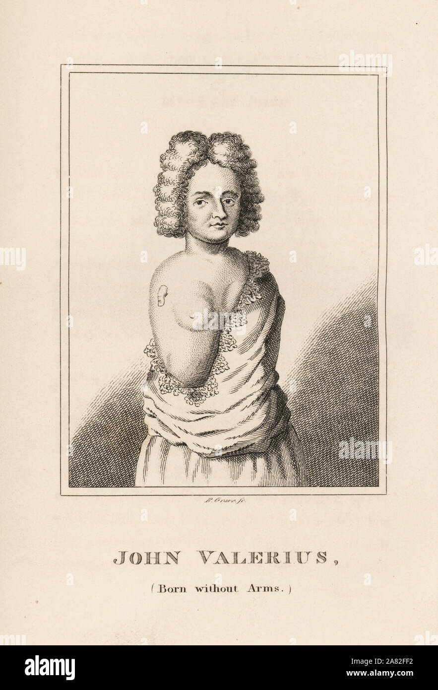 John Valerius, born without arms, exhibited in London from 1698 to 1705. With his feet, he could beat a drum, play cards, shave, fence, fire a pistol, write with a quill, etc. Engraving by R. Grave from James Caulfield's Portraits, Memoirs and Characters of Remarkable Persons, London, 1819. Stock Photo