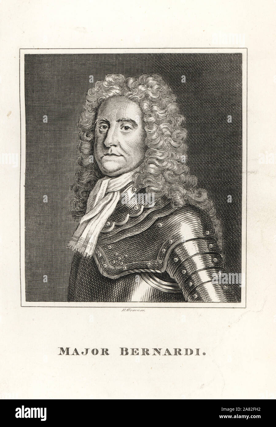 Major John Bernardi, a suspect in the assassination plot conspiracy against King William III. Engraving by R. Grave from James Caulfield's Portraits, Memoirs and Characters of Remarkable Persons, London, 1819. Stock Photo