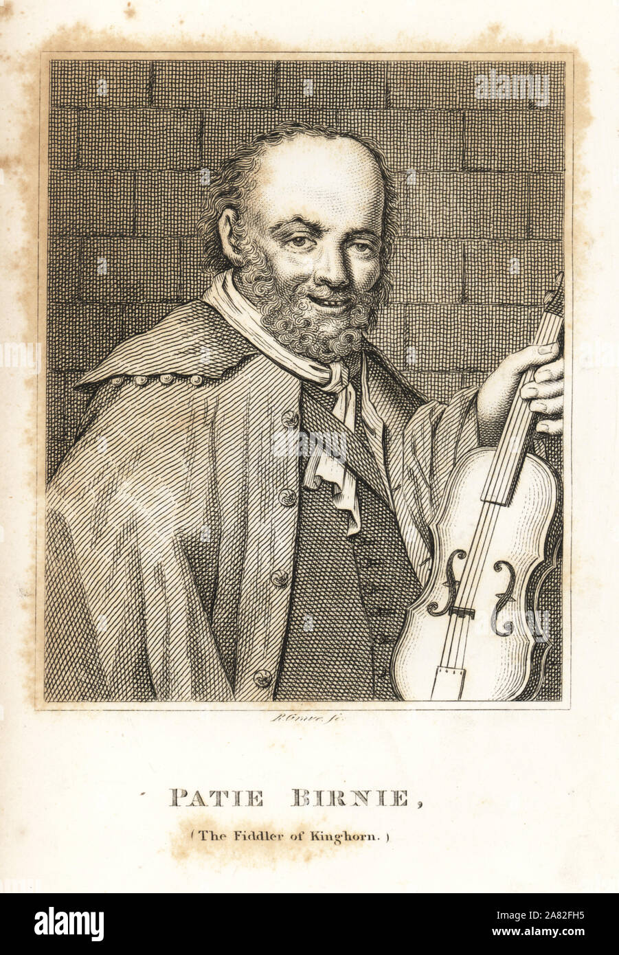 Patie Birnie, the fiddler of Kinghorn, poet, singer and pub musician, 18th century. Engraving by R. Grave from James Caulfield's Portraits, Memoirs and Characters of Remarkable Persons, London, 1819. Stock Photo