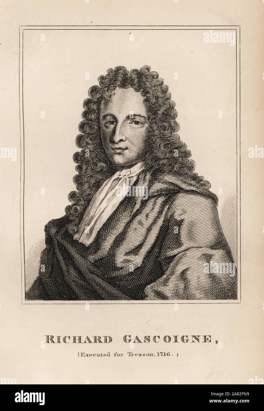 Richard Gascoigne, rebel executed for treason at Tyburn, 1716. Engraving from James Caulfield's Portraits, Memoirs and Characters of Remarkable Persons, London, 1819. Stock Photo
