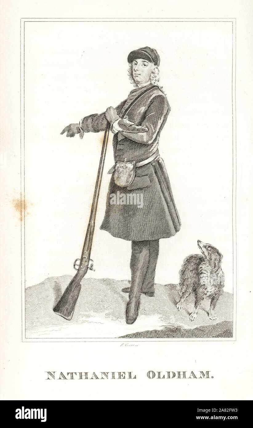 Nathaniel Oldham, who spent his inheritance on hunting and the races, died in the king's bench prison. From a painting by Faber showing him in green velvet hunting coat and jockey cap, with dog and gun. Engraving by R. Grave from James Caulfield's Portraits, Memoirs and Characters of Remarkable Persons, London, 1819. Stock Photo